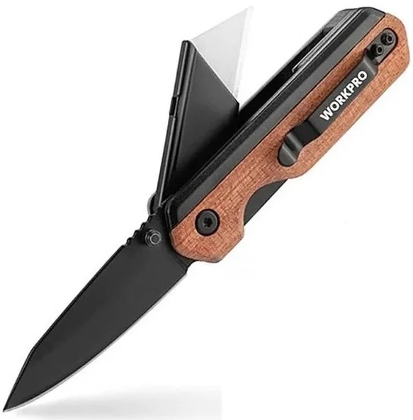 Нож складной комбинированный "WORKPRO" с двумя видами лезвий и деревянной рукояткой WP211015 в Перми 