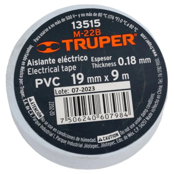 Изолента Truper акрил, 9м. ширина 19мм белая M-22B 13515