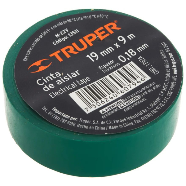 Изолента Truper акрил, 9м. ширина 19мм зеленая M-22V 13511 в Перми